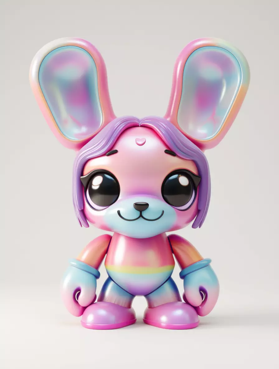 Rainbow Bunny 3D Iridescent Character Big Eyes Heart Mark Low-poly 3D model_0