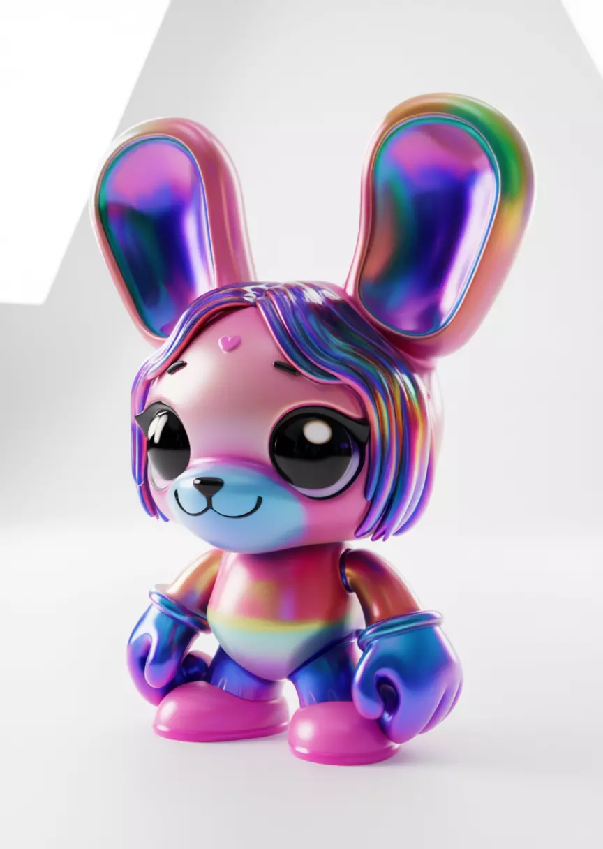 Rainbow Bunny 3D Iridescent Character Big Eyes Heart Mark Low-poly 3D model_1