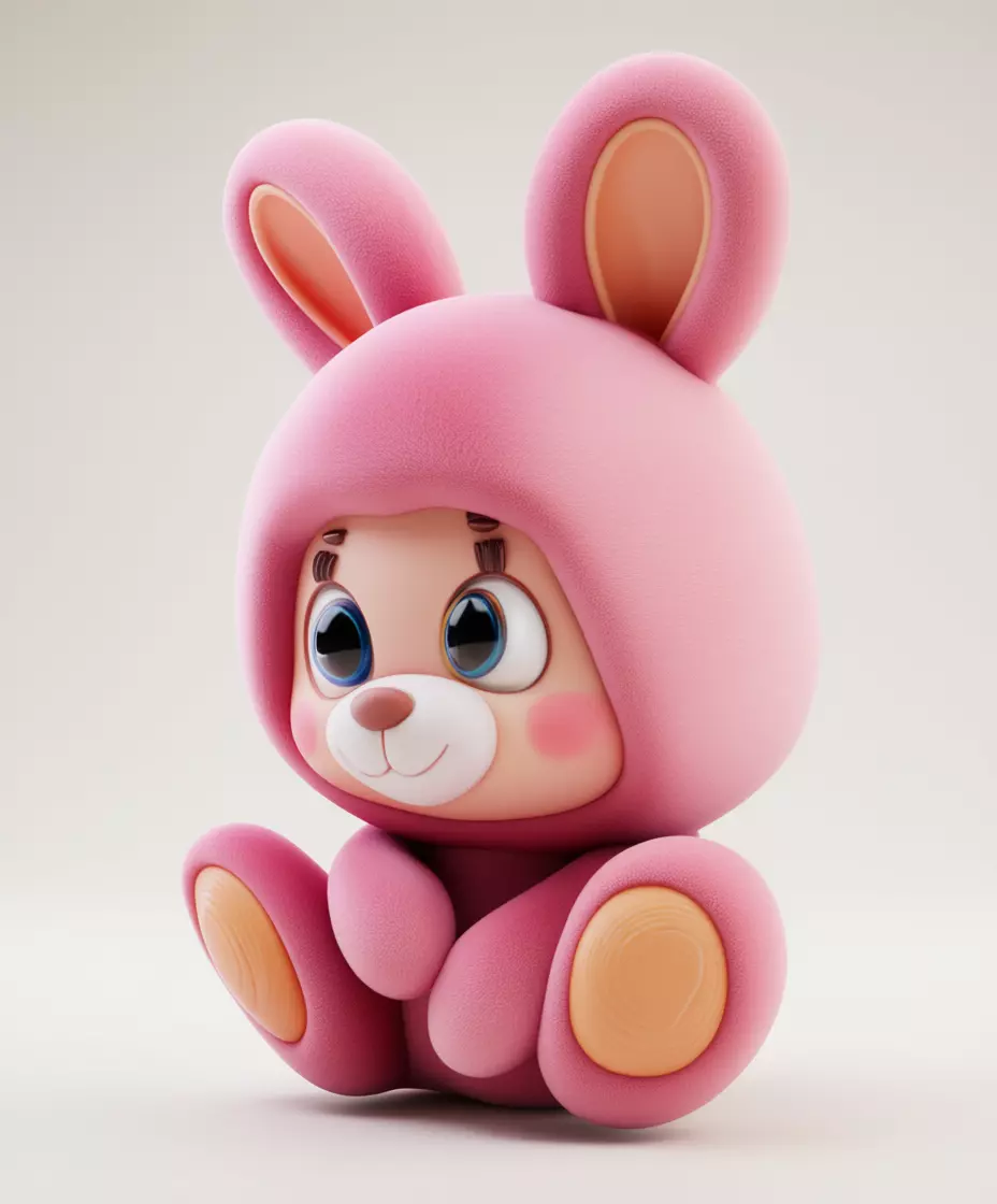 Cute Pink Bunny 3D Model Fluffy Plush Toy Big Blue Eyes Low-poly 3D model_1