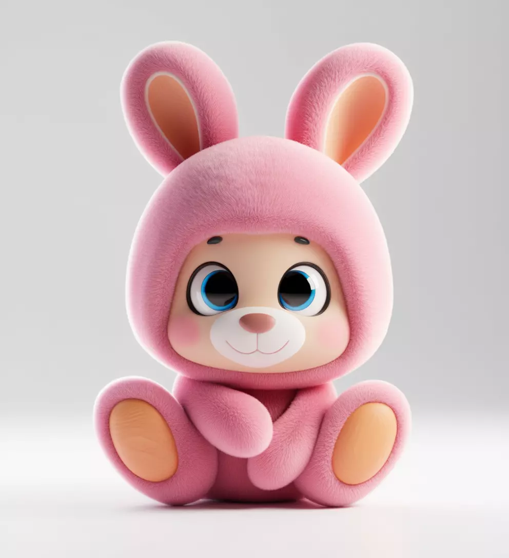 Cute Pink Bunny 3D Model Fluffy Plush Toy Big Blue Eyes Low-poly 3D model_0