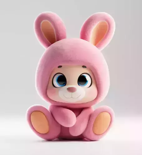 Cute Pink Bunny 3D Model Fluffy Plush Toy Big Blue Eyes