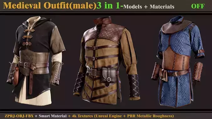 3 in 1 Medieval Outfit-MD-Clo3d-OBJ-FBX- Material-Textures