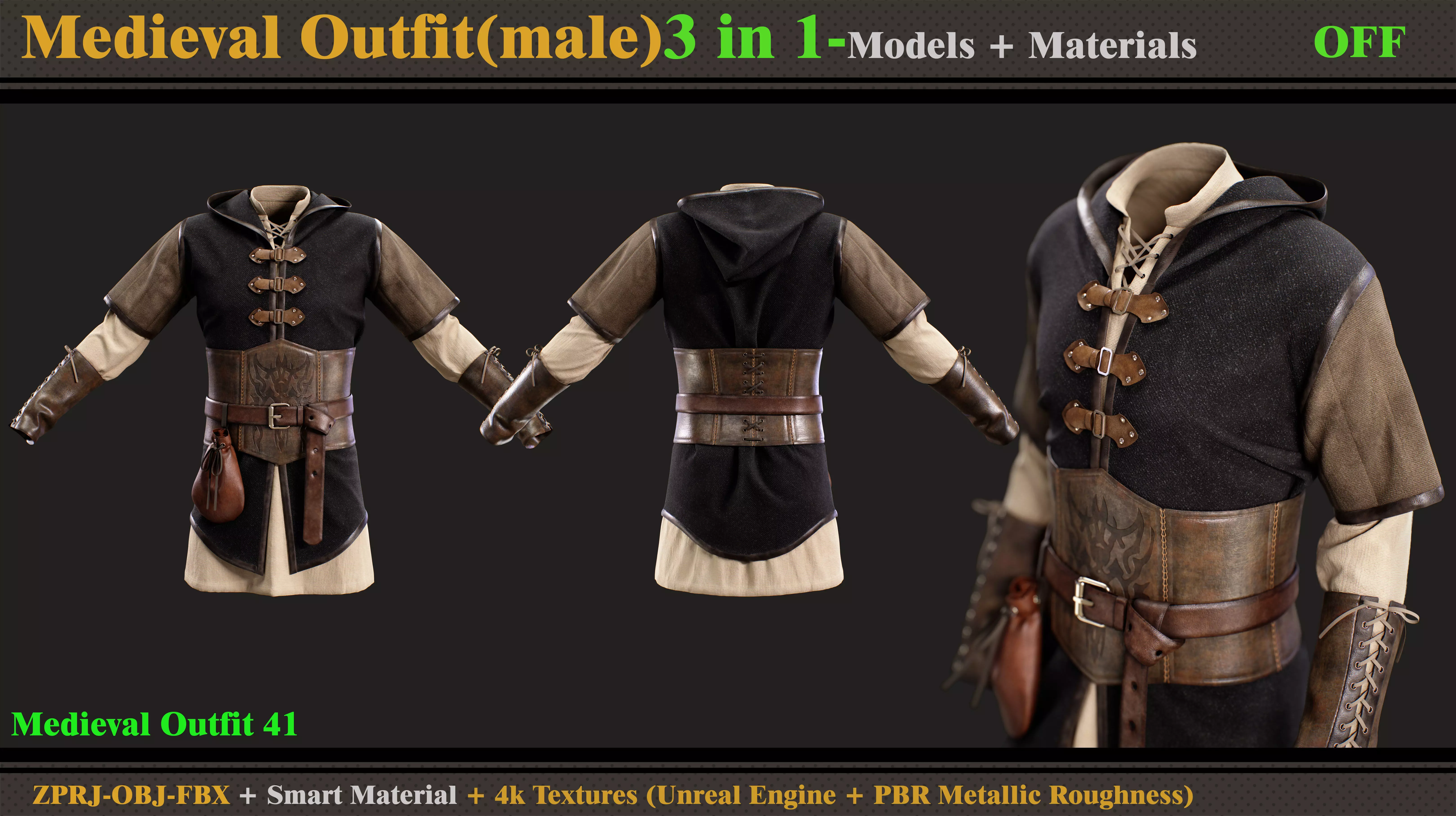 3 in 1 Medieval Outfit-MD-Clo3d-OBJ-FBX- Material-Textures 3D model_1