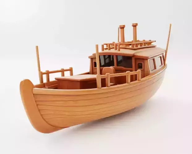 Wooden Fishing Boat 3D Classic Rowboat Cabin Railings Low-poly 3D model