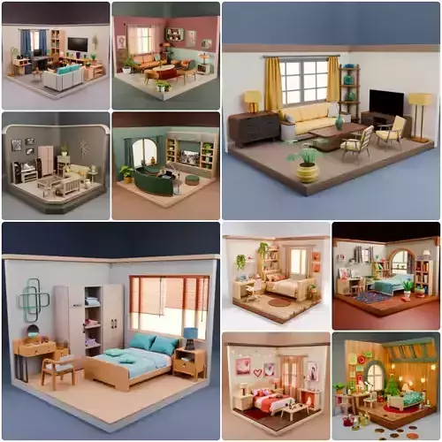 10 Isometric Rooms Pack  Cozy Bedrooms and Living Rooms