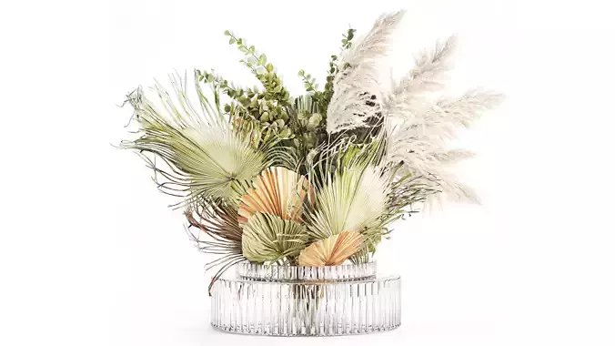 Realistic bouquet dried flower pampas palm leaves glass vase