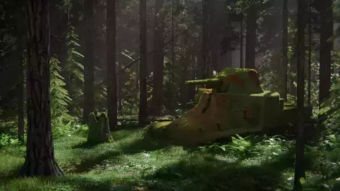 Tank in the Forest 3d Scene