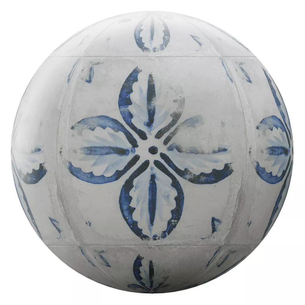 Gray Concrete Floor Tile 3D Model with Blue Floral Accents Texture_1
