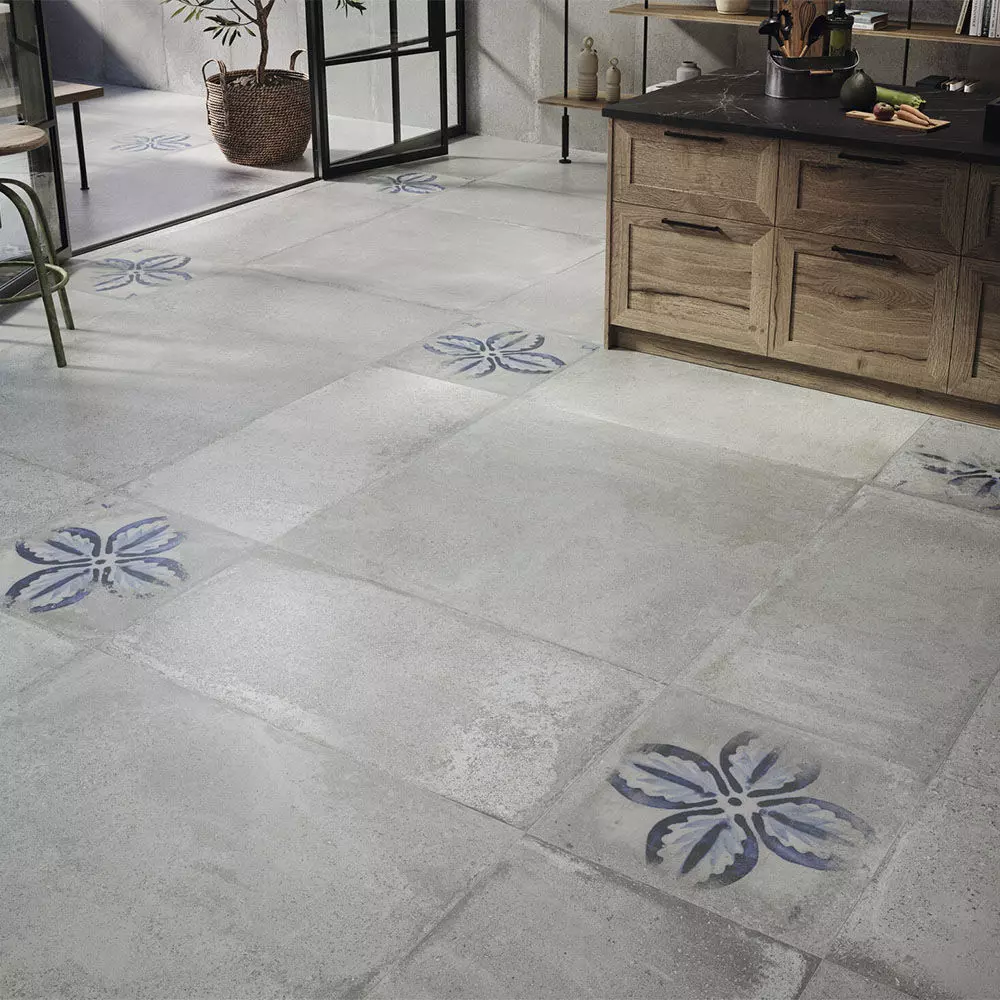 Gray Concrete Floor Tile 3D Model with Blue Floral Accents Texture_0