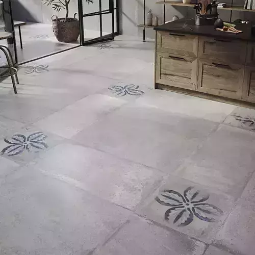 Gray Concrete Floor Tile 3D Model with Blue Floral Accents