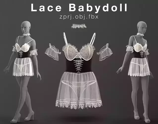Lace Babydoll Lingerie Nightwear Clo3D Marvelous Designer Ready