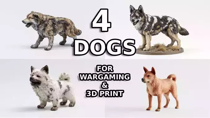 4 Dogs Perfect For Wargaming And 3D print