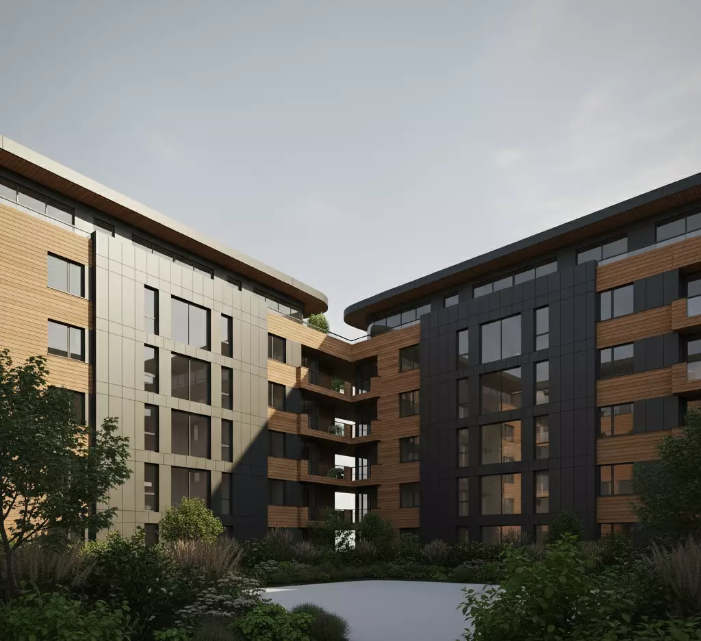 Modern Residential Building with Wood and Dark Panel Facade Low-poly 3D model_4