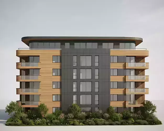 Modern Residential Building with Wood and Dark Panel Facade