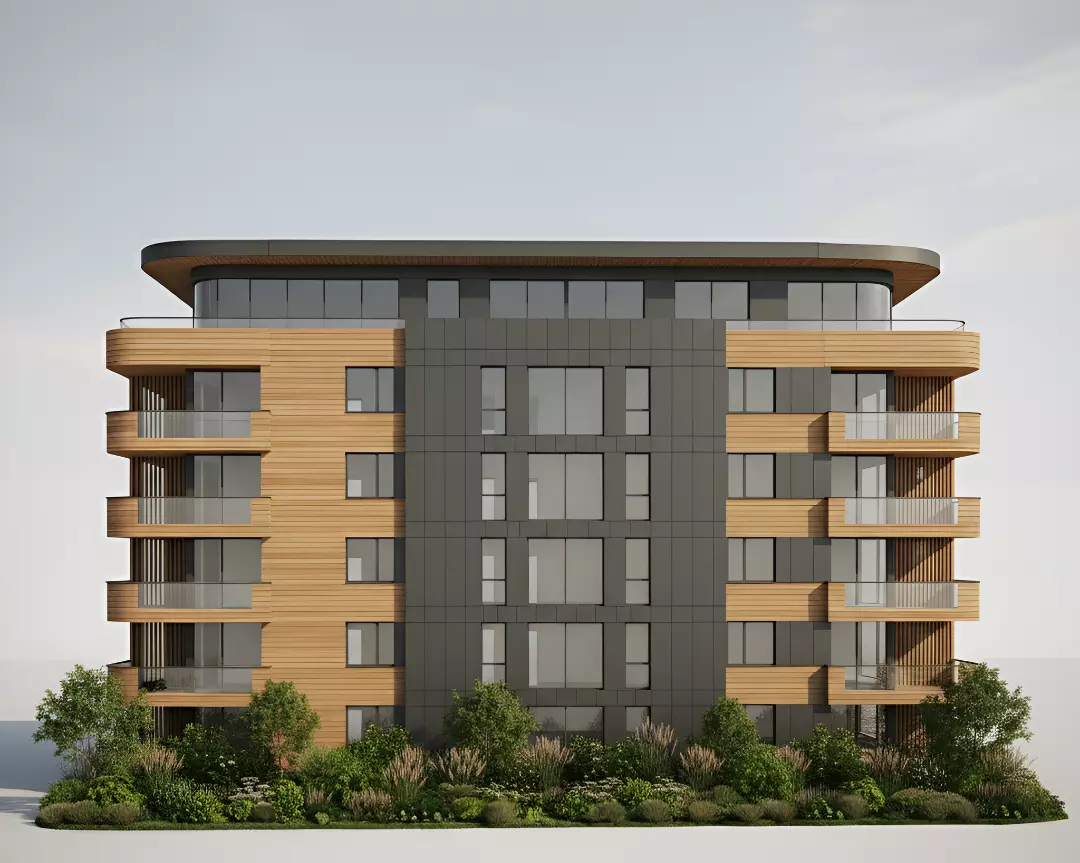 Modern Residential Building with Wood and Dark Panel Facade Low-poly 3D model_0