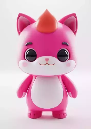 Cute Pink Cat 3D Cartoon Character Big Eyes Red Horn