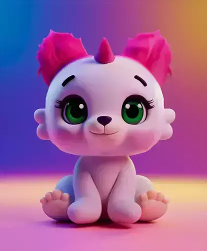 Neon Pink Cat 3D Glowing Cartoon Character Green Eyes