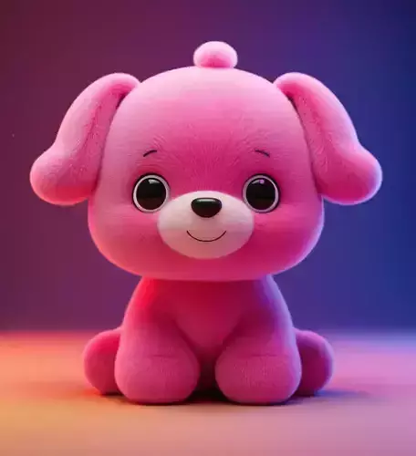 Cute Pink Puppy 3D Model Fluffy Plush Toy Big Eyes Smiling Face