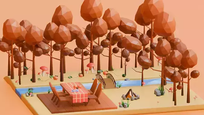 Autumn Low Poly Nature Scene Low-poly 3D model
