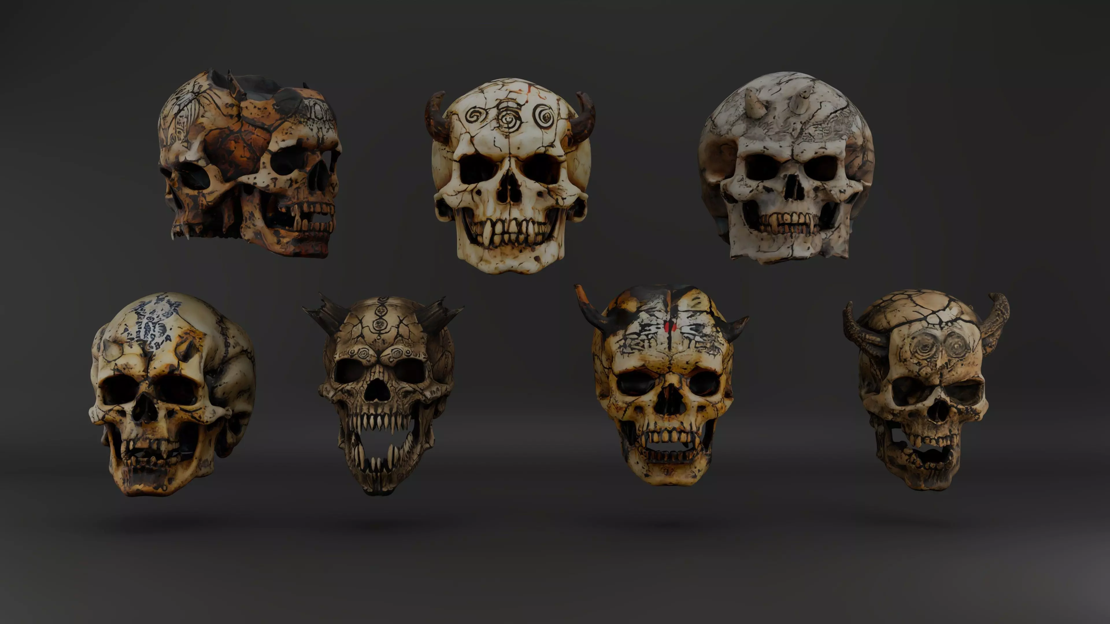 Ancient and Demonic Skull Props Pack 7 Fantasy Skulls PBR Low-poly 3D model_0