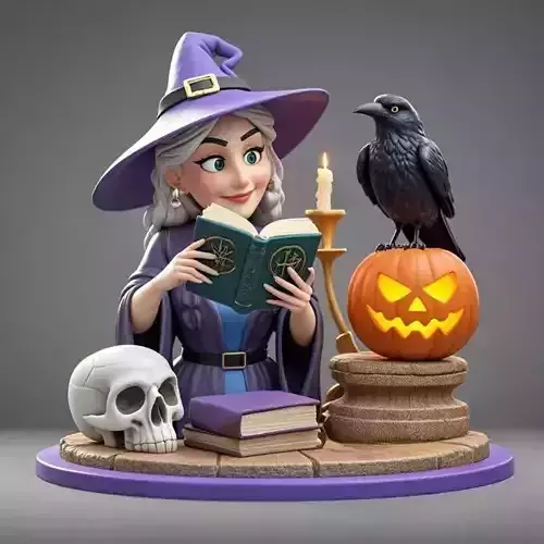 2395Halloween Witch with Skull  Raven and Pumpkin