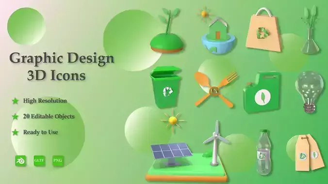 Ecology 3D Icon Pack - 20 Editable Objects