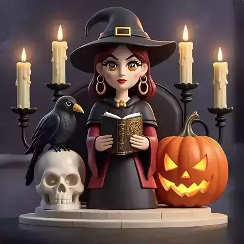 2396Halloween Witch with Skull  Raven and Pumpkin
