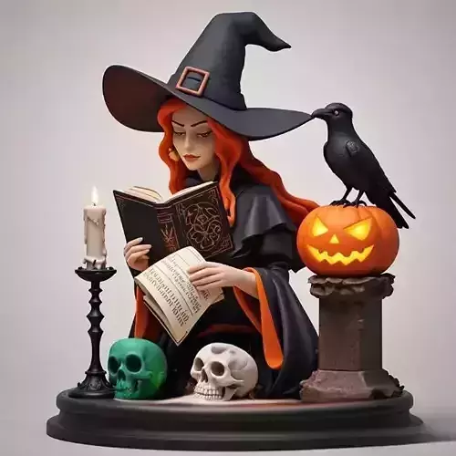 2398Halloween Witch with Skull  Raven and Pumpkin