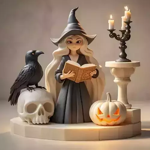 2399Halloween Witch with Skull Raven and Pumpkin
