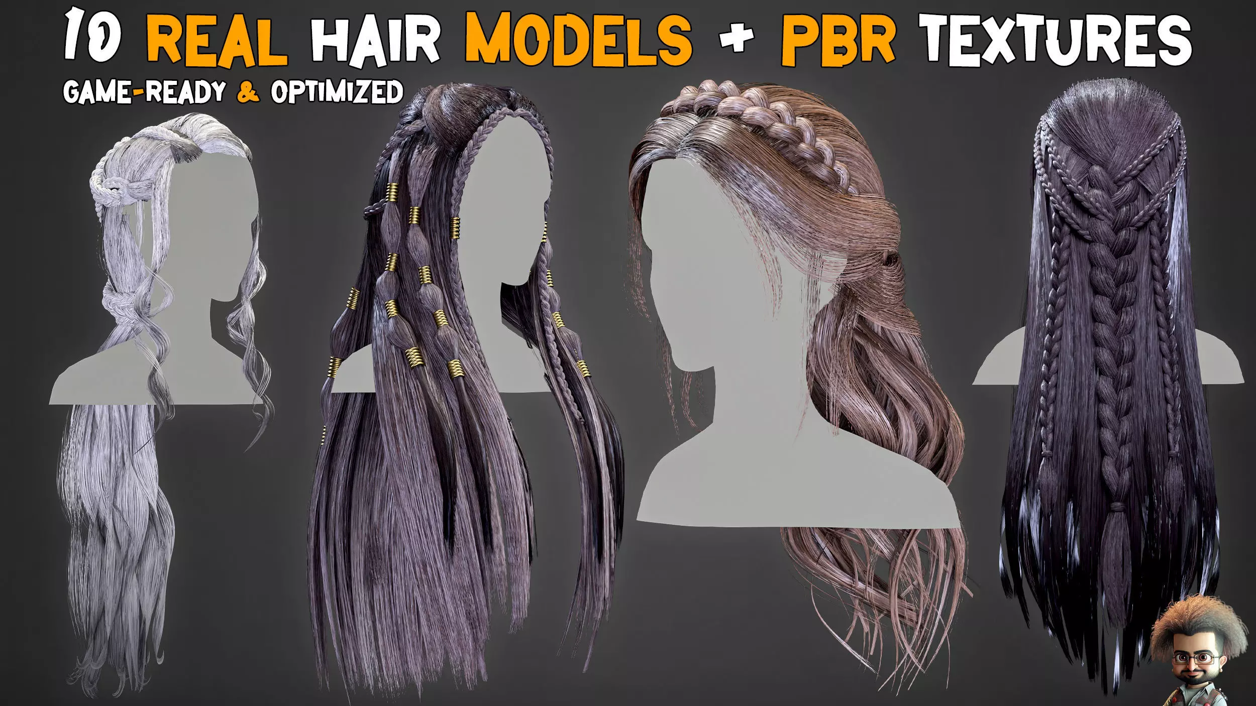 10 Real Hair Models and PBR Textures   Vol 03  Low-poly 3D model_0