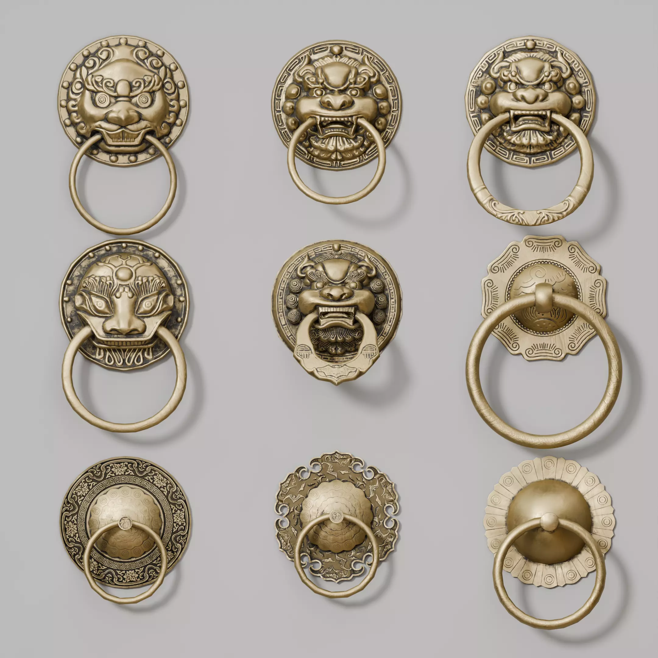 Chinese-style retro door knocker low-poly asset pack Low-poly 3D model_0