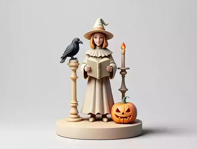 2401Halloween Witch with Spell book Raven Pumpkin