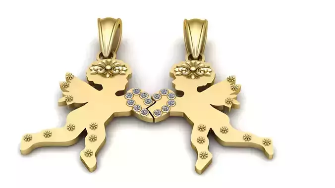 Twin Cupid Heart Pendant 3D Printable Model 