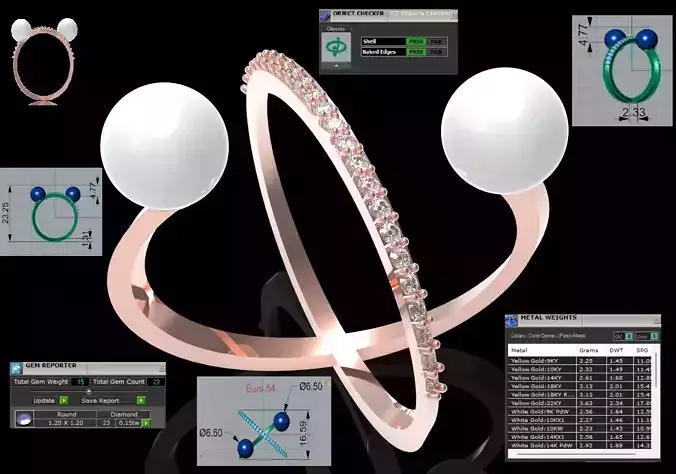 Pearl stl 3dm  Ring Diamonds Crossed pr0034