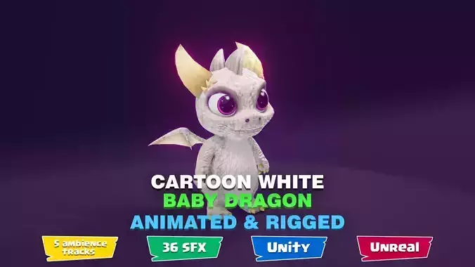 White Baby Dragon 3D Character Audio Unity Unreal Ready Low-poly 3D model