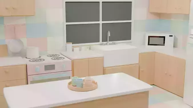 3D Modern Kitchen Interior Dining Table Appliances Cabinets