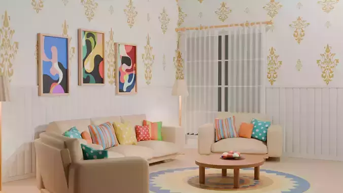 3D Modern TV Lounge Sofas Coffee Table Bookshelf Wall Decor