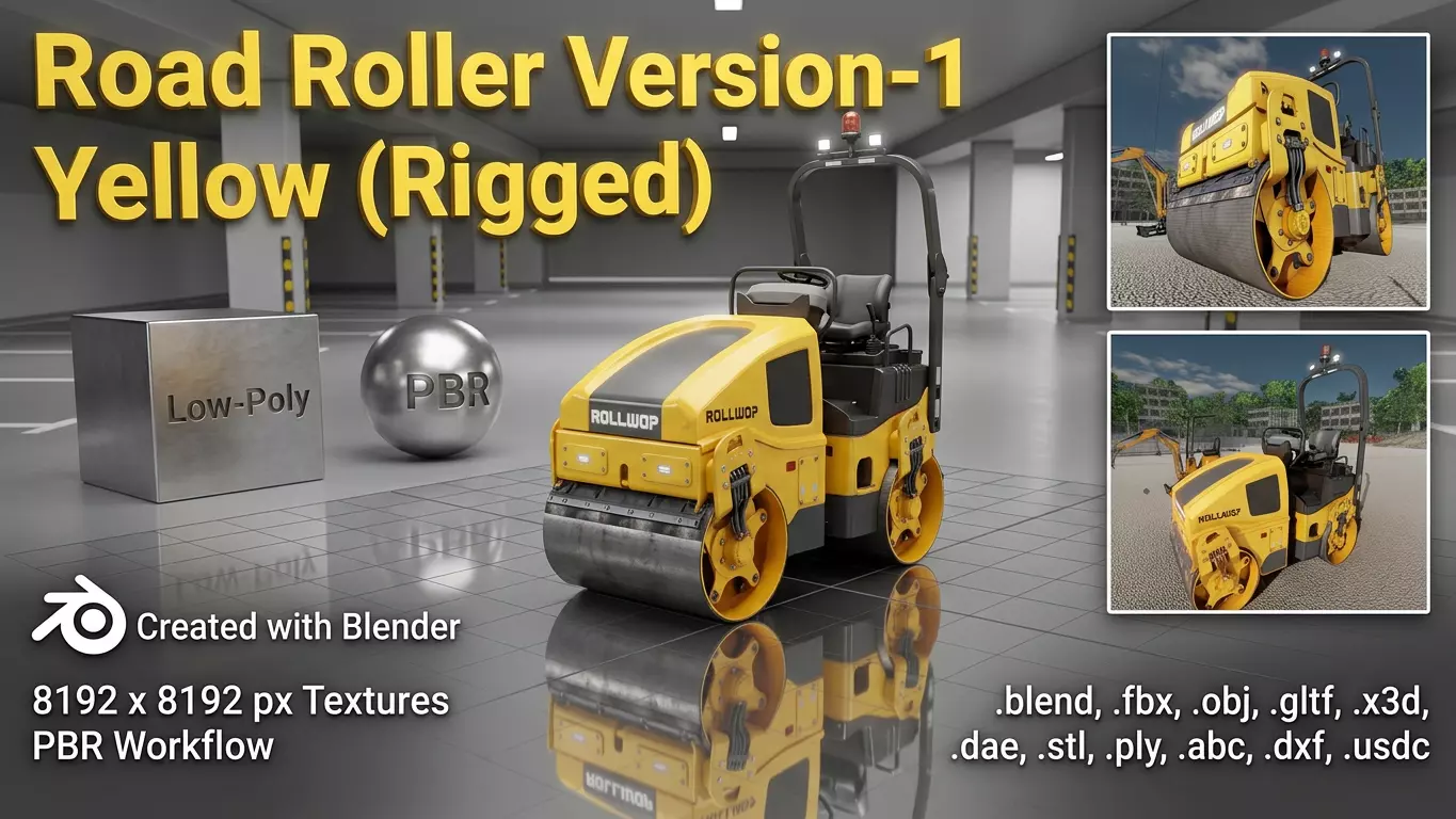 Road Roller Version-1 yellow rigged Low-poly 3D model