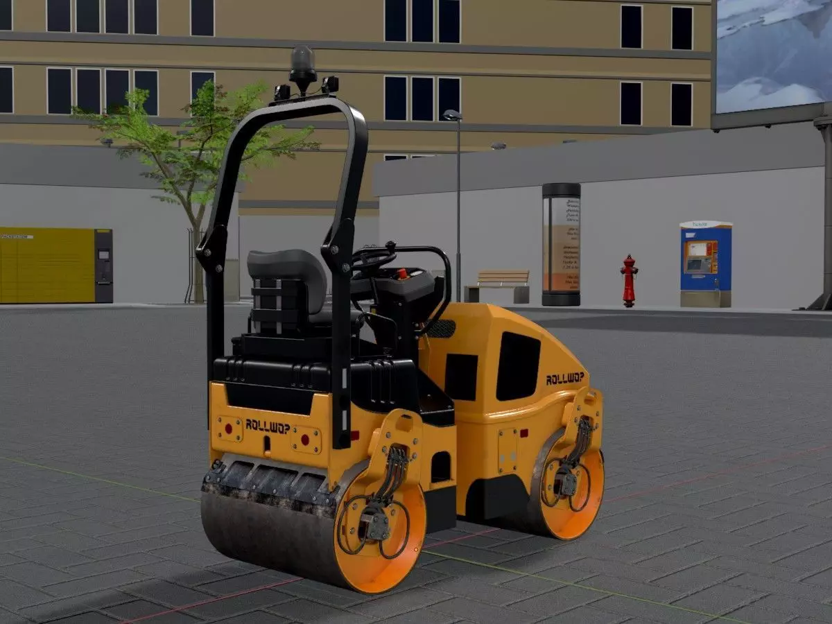 Road Roller Version-1 yellow rigged Low-poly 3D model_9