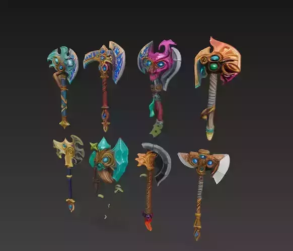 Fantasy Stylized Battle Axe Pack - 8 Unique Axes for Games  3D print model