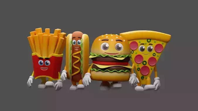 Cartoon characters snacks  Low-poly 3D model 3