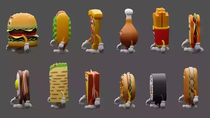 Cartoon characters snacks  Low-poly 3D model 2
