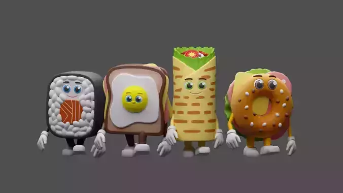 Cartoon characters snacks  Low-poly 3D model 4