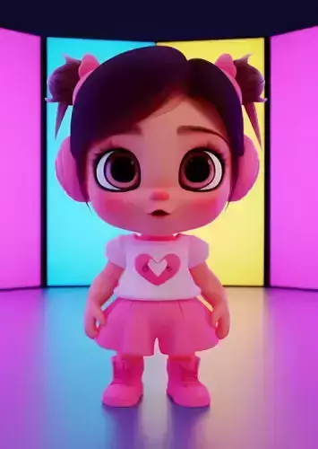 Charming Cartoon Girl Adorable 3D Character Pink Playful Outfit