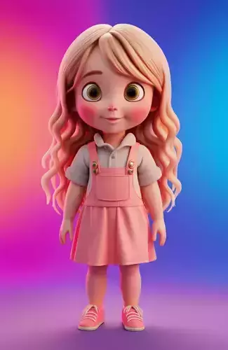 Radiant Cartoon Girl 3D Character Wavy Hair Pink Overalls