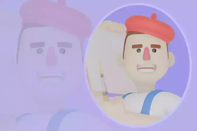 3D Cartoon Male Painter - Angry Artist Holding Canvas and Brush