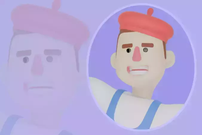 3D Cartoon Male Painter Character-Angry Artist Leaning on Brush