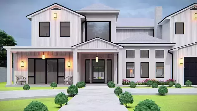 American Style House Exterior 3D Model  Classic Residential Home 3D model 4