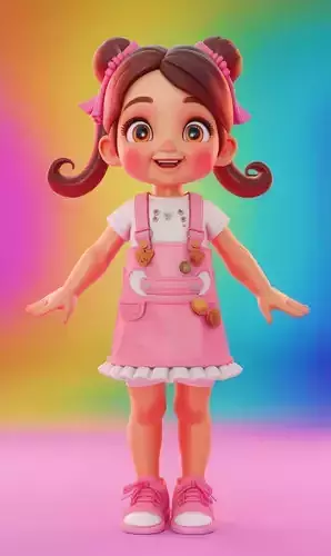 Cute Cartoon Girl 3D Playful Character Pink Overalls Buns