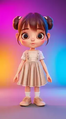 Cute Cartoon Girl 3D Sweet Character Pigtails Striped Dress